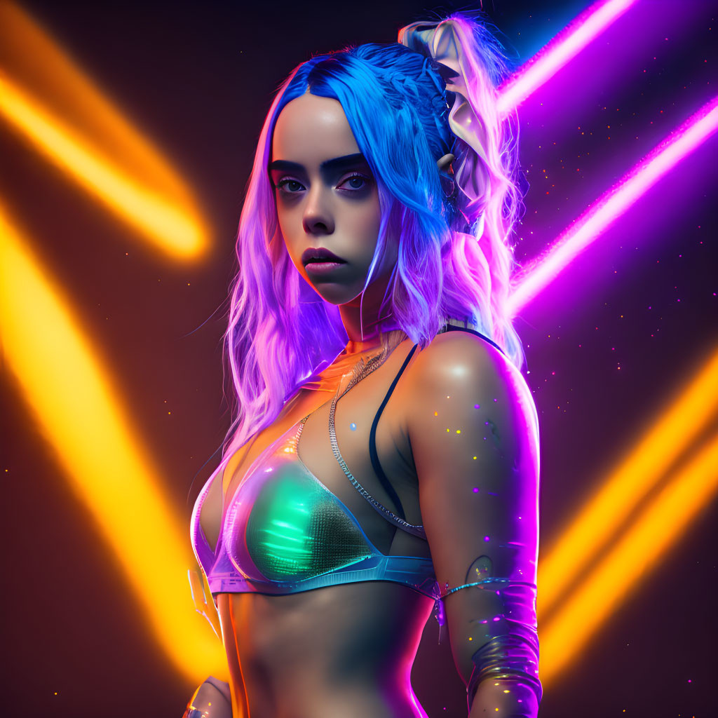 Blue-haired woman with futuristic makeup in neon lights with serious expression