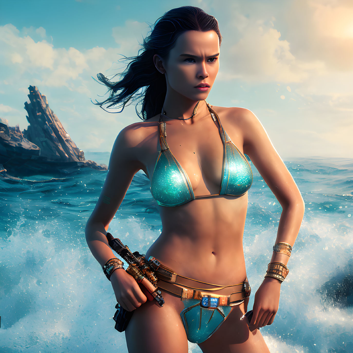 Futuristic digital artwork of determined woman in bikini armor by rocky cliff