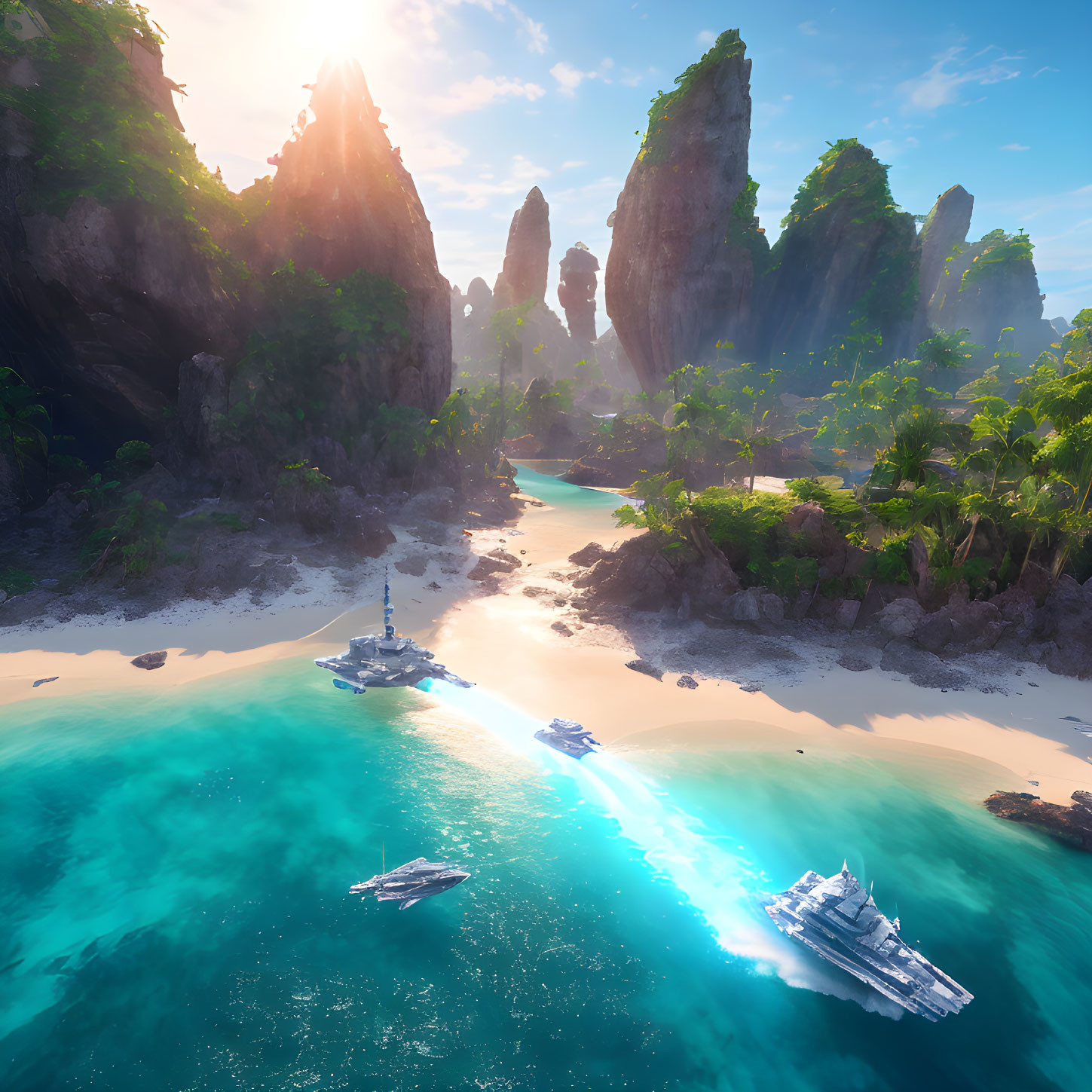 Tropical lagoon with clear water, rocky cliffs, lush greenery, and futuristic ships under sunlight