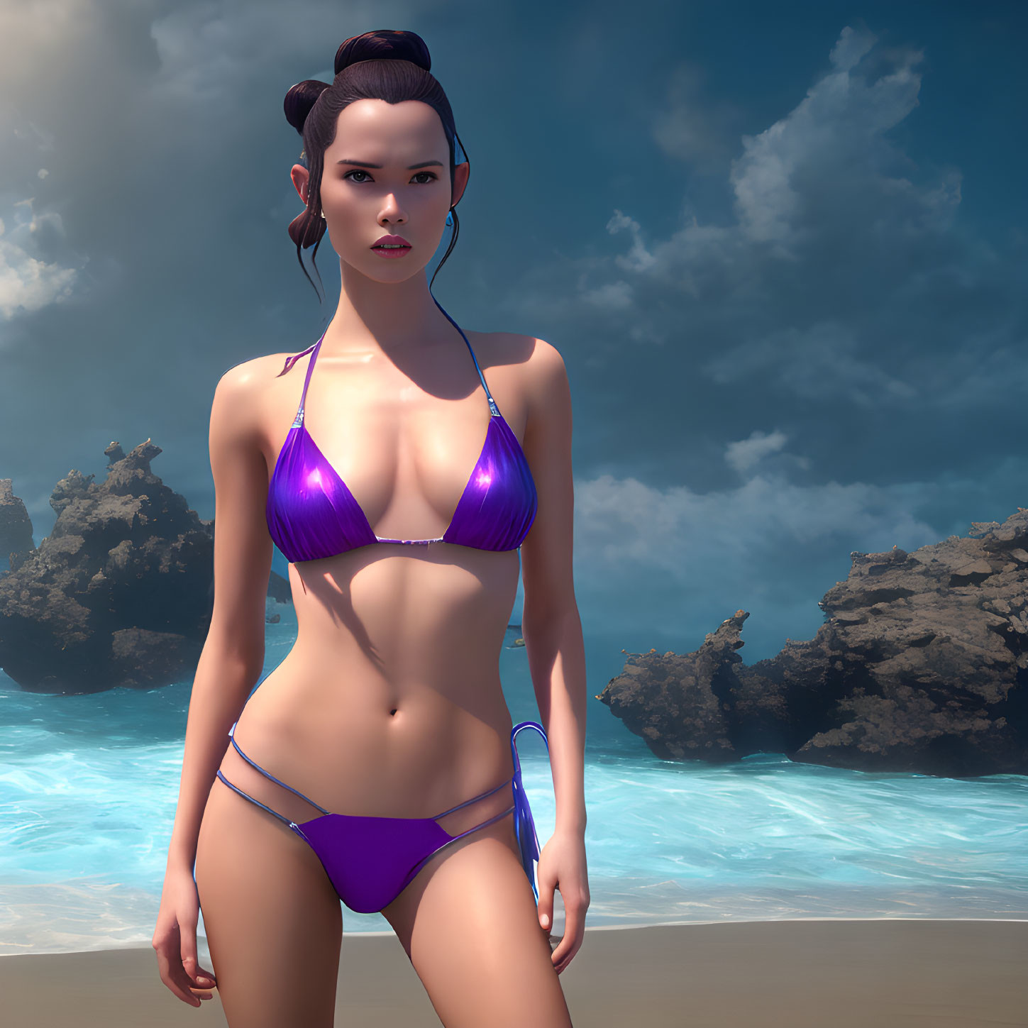 3D Rendered Image: Woman in Purple Bikini on Beach