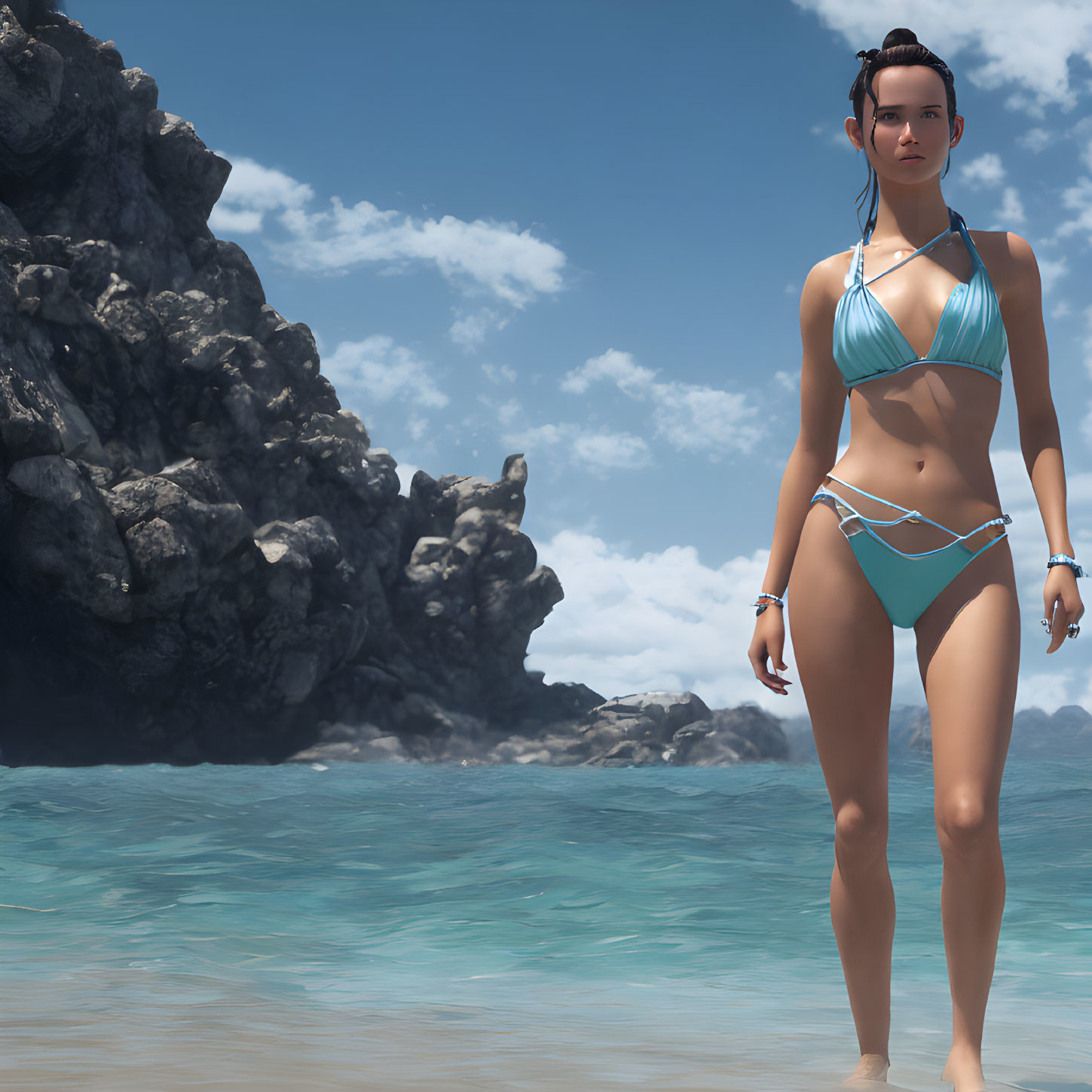 Woman in Blue Bikini Standing in Ocean Water Near Rocky Shore