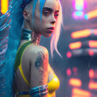 Digital artwork of woman with blue hair against neon-lit cityscape