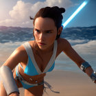 Female warrior in blue attire with lightsaber against stormy backdrop