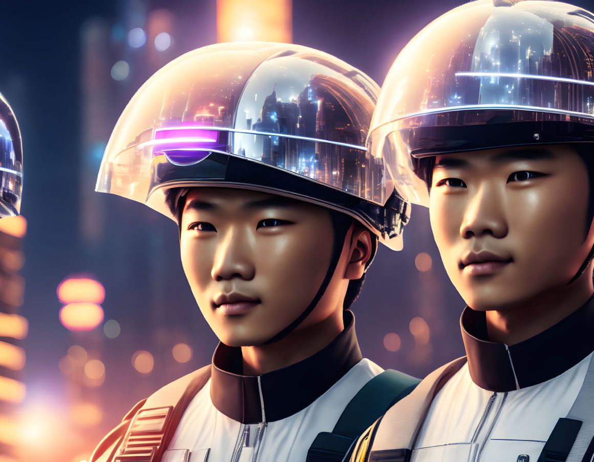 Futuristic helmets with visors in neon-lit cityscape