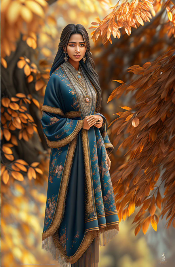 Traditional Embroidered Blue Robe Woman in Autumn Leaves