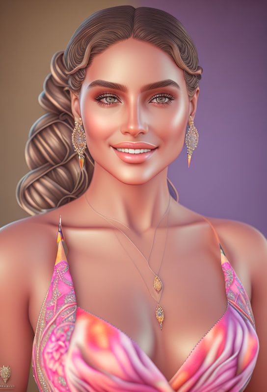 Digital portrait: Woman with green eyes, braided hair, gold jewelry, pink dress