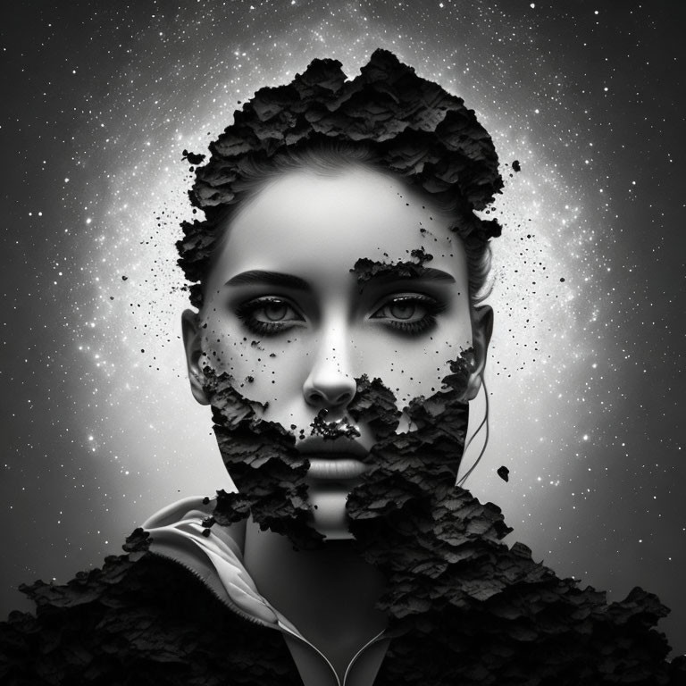 Monochrome artistic image of woman's face disintegrating in cosmic theme