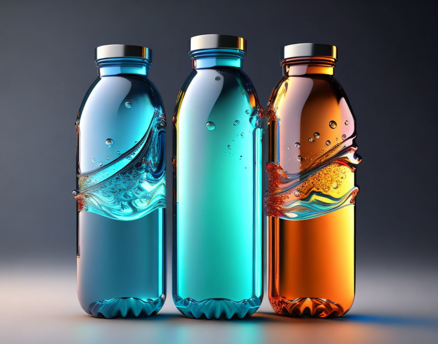 Colorful liquid-filled bottles with splash effects on gradient background