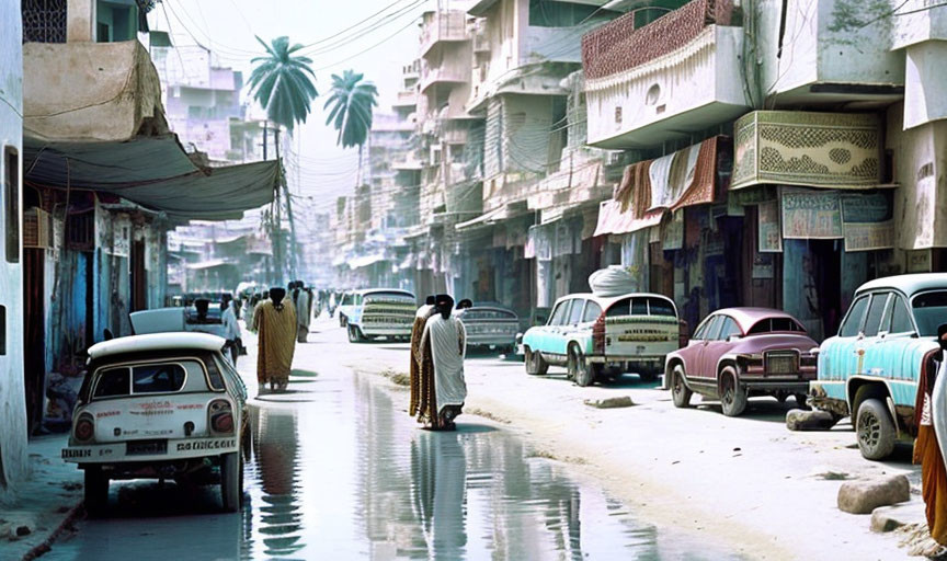 Busy street scene in developing country with flooded road and pedestrians.