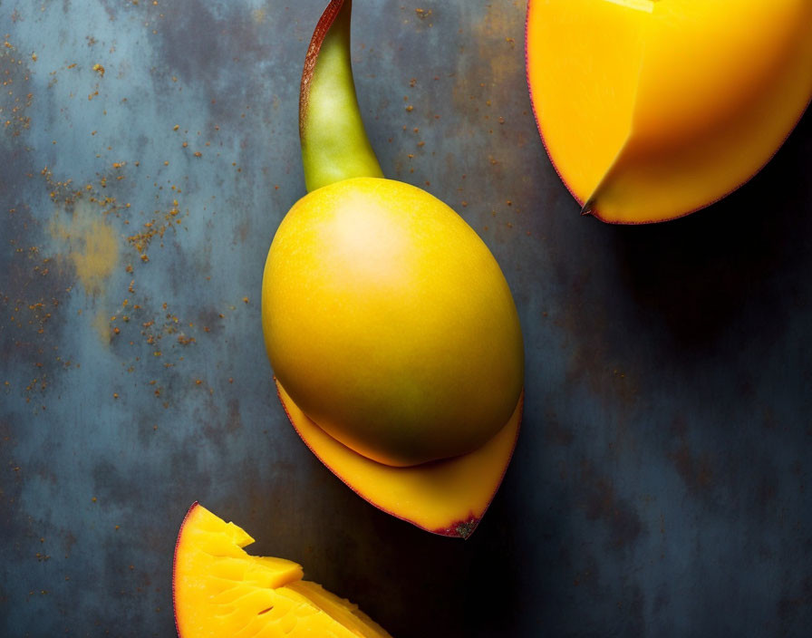 Ripe Mango and Slices on Dark Textured Background