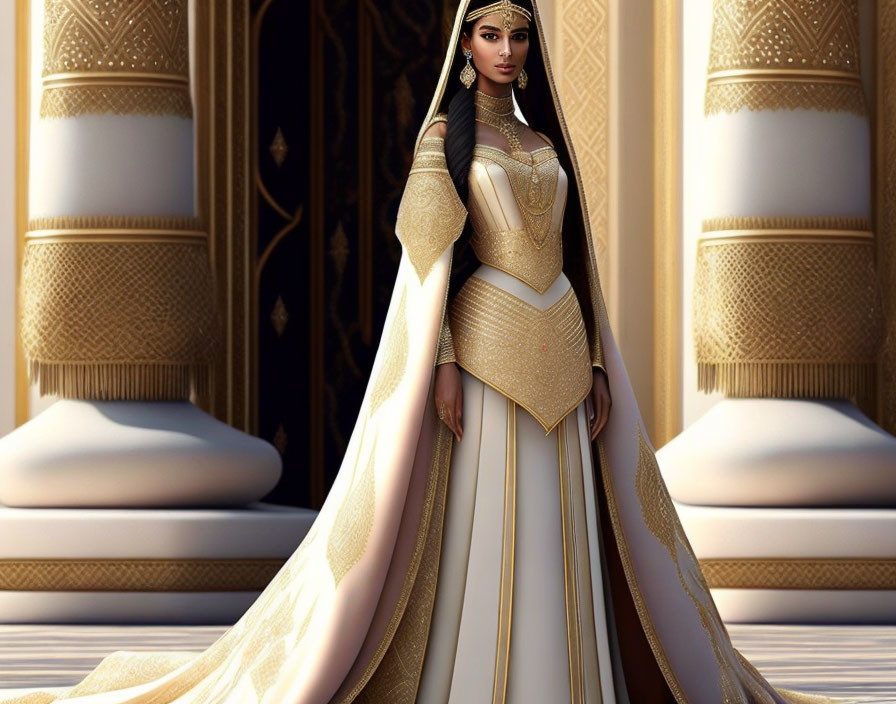 3D-rendered image of woman in ornate white and gold dress with intricate jewelry against elegant backdrop