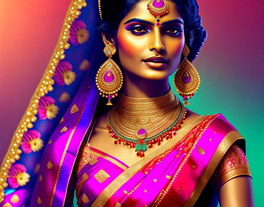 Traditional Indian bridal attire with vibrant makeup and colorful sari against multicolored backdrop