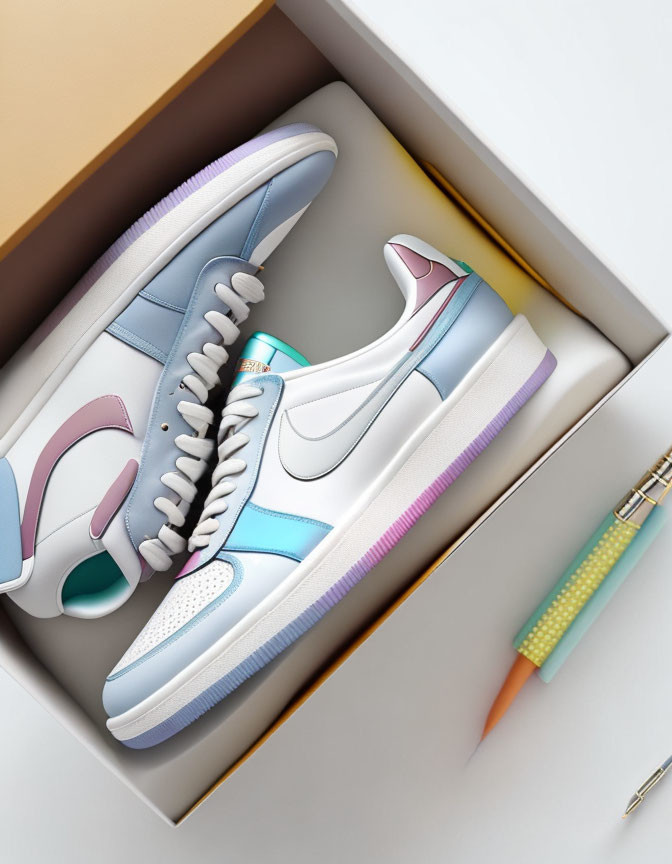 Pastel blue, white, and pink sneakers with patterned pens in open shoebox