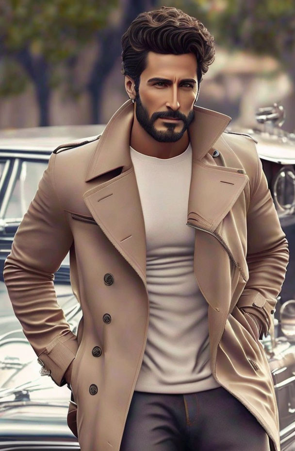 Stylized digital illustration of a man with a beard and styled hair leaning on a vintage car