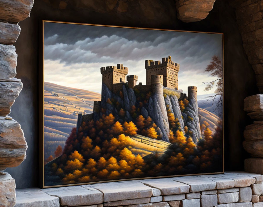 Majestic castle on rocky outcrop with autumn trees, stone wall display