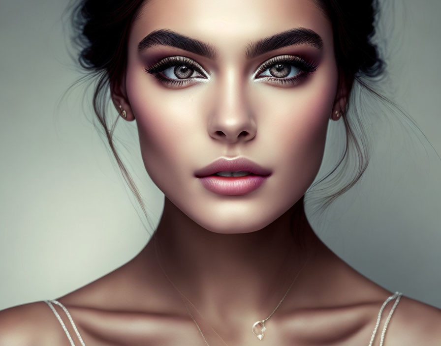 Close-up portrait of woman with striking makeup, prominent eyebrows, subtle necklace, light skin, and dark