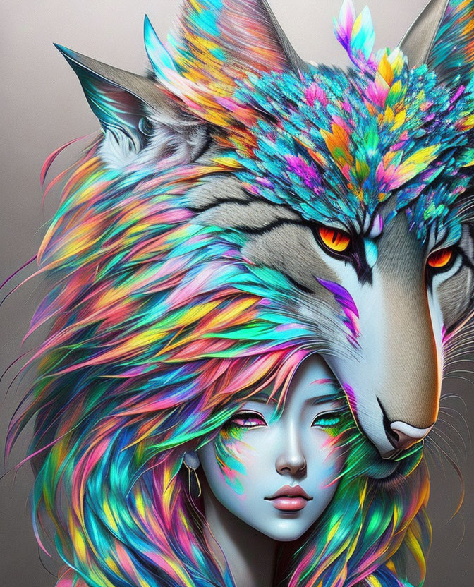 Colorful digital artwork: Woman with multicolored hair and wolf with vibrant mane.