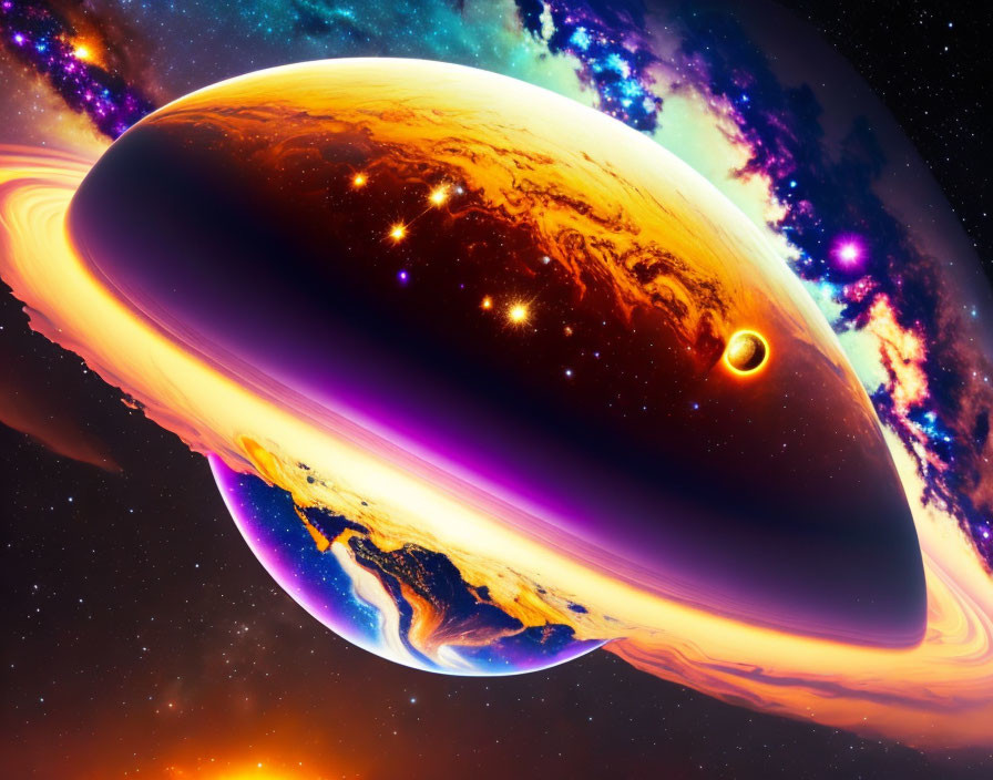 Colorful planet with rings in vibrant space scene