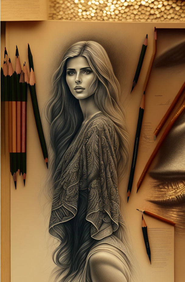 Detailed grayscale sketch of woman with long hair and patterned clothing among pencils and partial eye sketch on wood