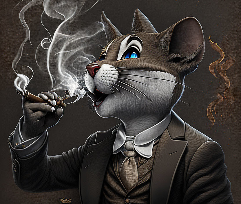 Anthropomorphic Cat in Suit Smoking Cigar on Dark Background