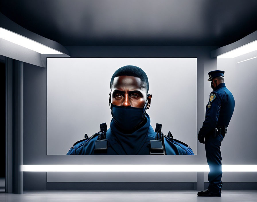 Portrait of a man in tactical gear displayed in modern gallery with security officer.