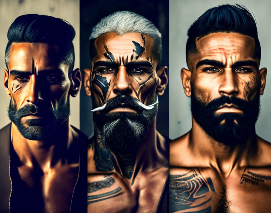 Stylized portraits of bearded man with tattoos and hairstyles on dark background