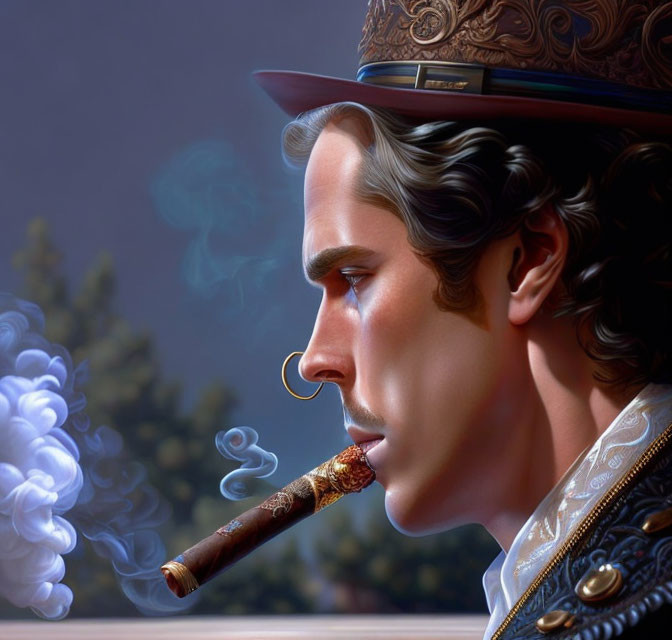 Digital artwork: Noble man smoking cigar in fancy attire against dusky sky