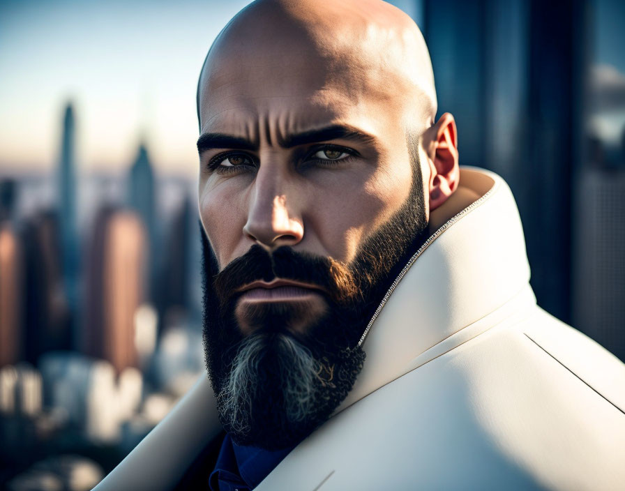 Bald Man with Full Beard in White Coat Against City Skyline at Sunset