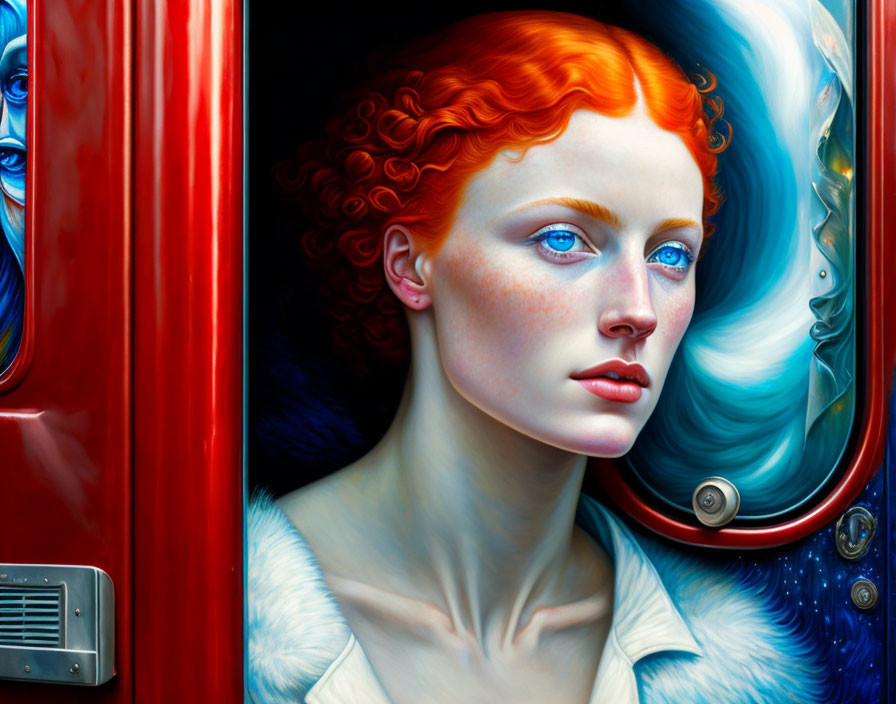 Vibrant artwork: woman with red curls and blue eyes behind reflective surface