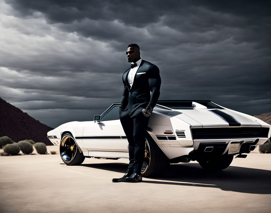 Confident man in suit by white sports car under dramatic sky