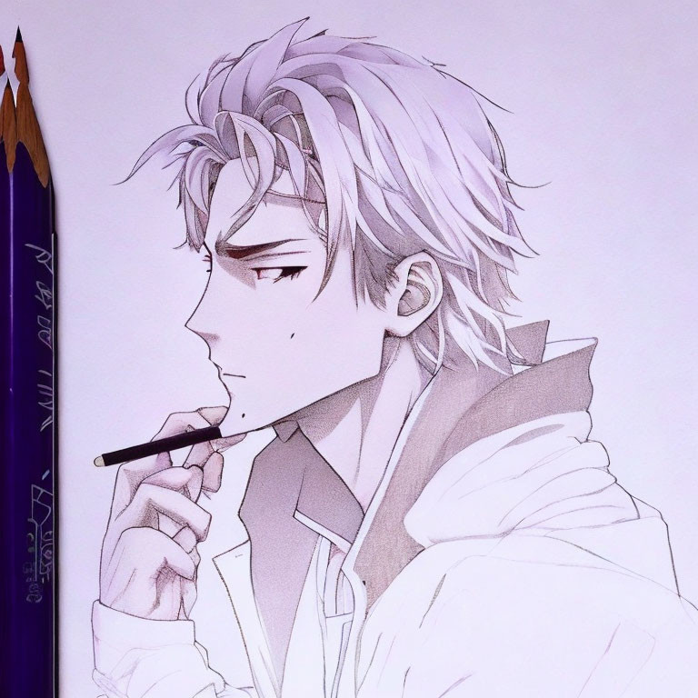 Anime-style male character sketch with messy hair and pencil for size reference.