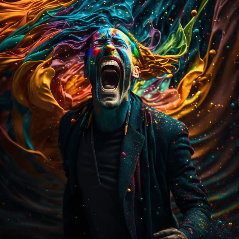 Colorful paint splashes surround man in mid-shout