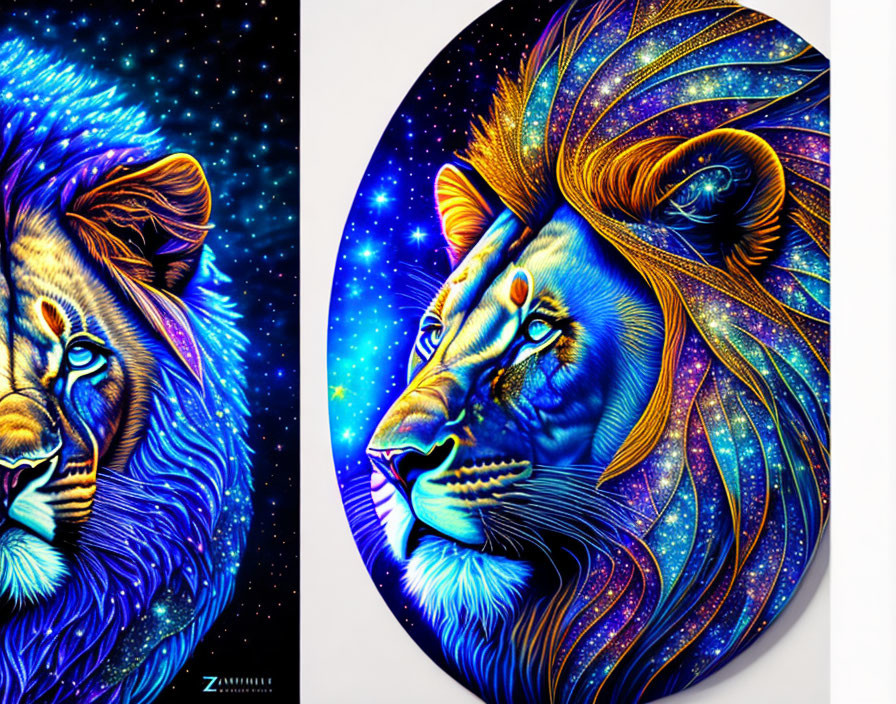 Digital Artwork: Two Lions in Blue and Gold with Cosmic Background