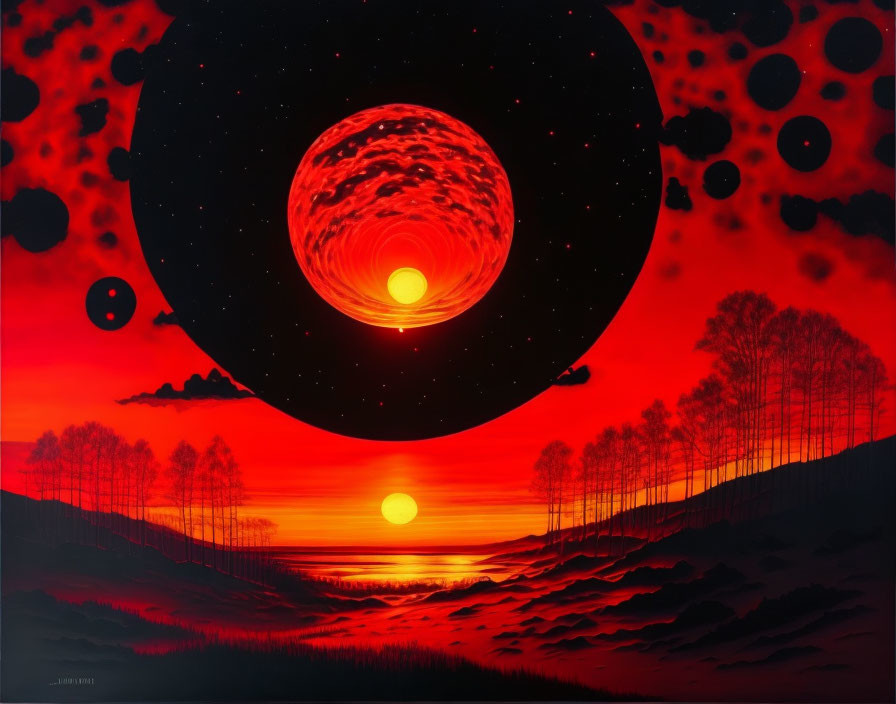 Surreal landscape: oversized red moon, trees, water, smaller moons in sky