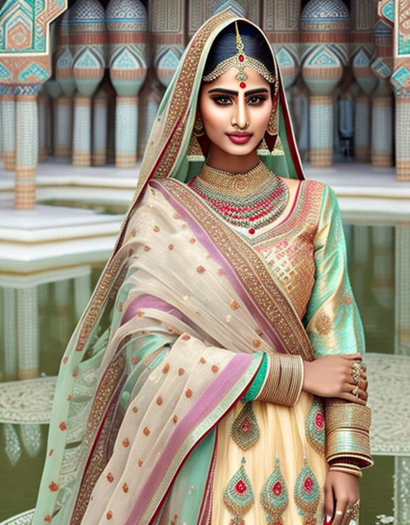 Traditional Indian Bridal Attire with Intricate Jewelry and Henna