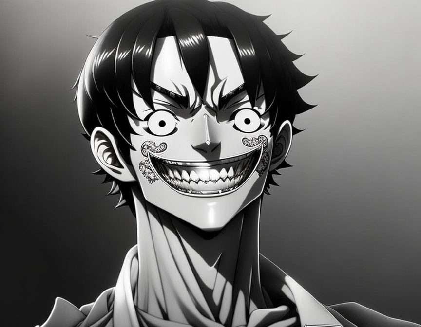 Monochrome illustration of smiling character with scar and striped collar