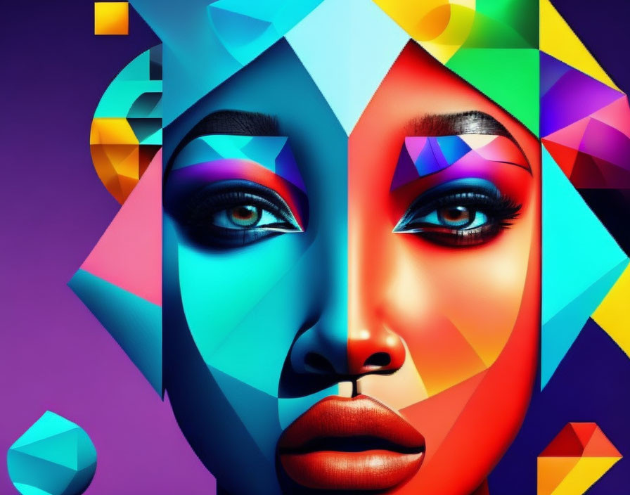 Colorful geometric digital portrait of a woman on purple backdrop