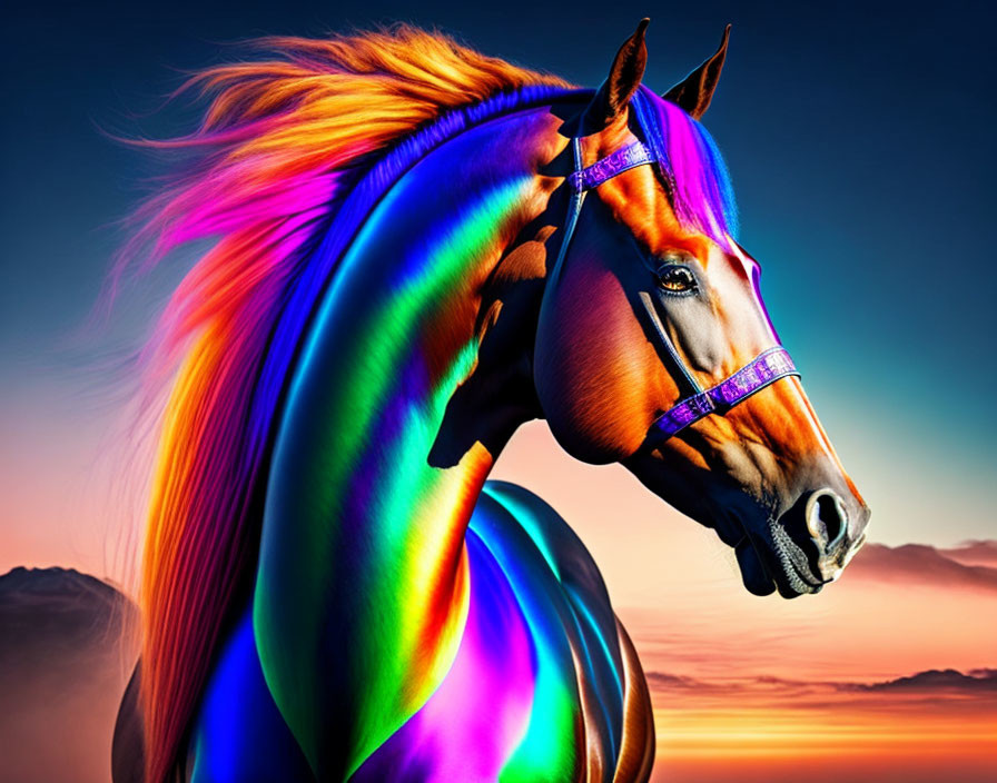 Colorful Horse with Rainbow Mane in Dusk Sky