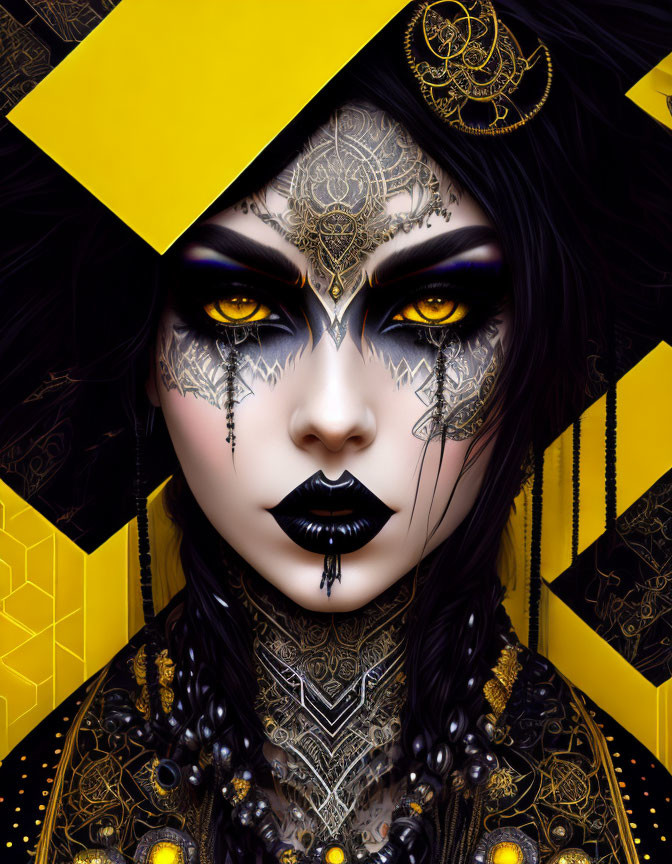 Intricate black and gold face paint with yellow eyes on honeycomb background