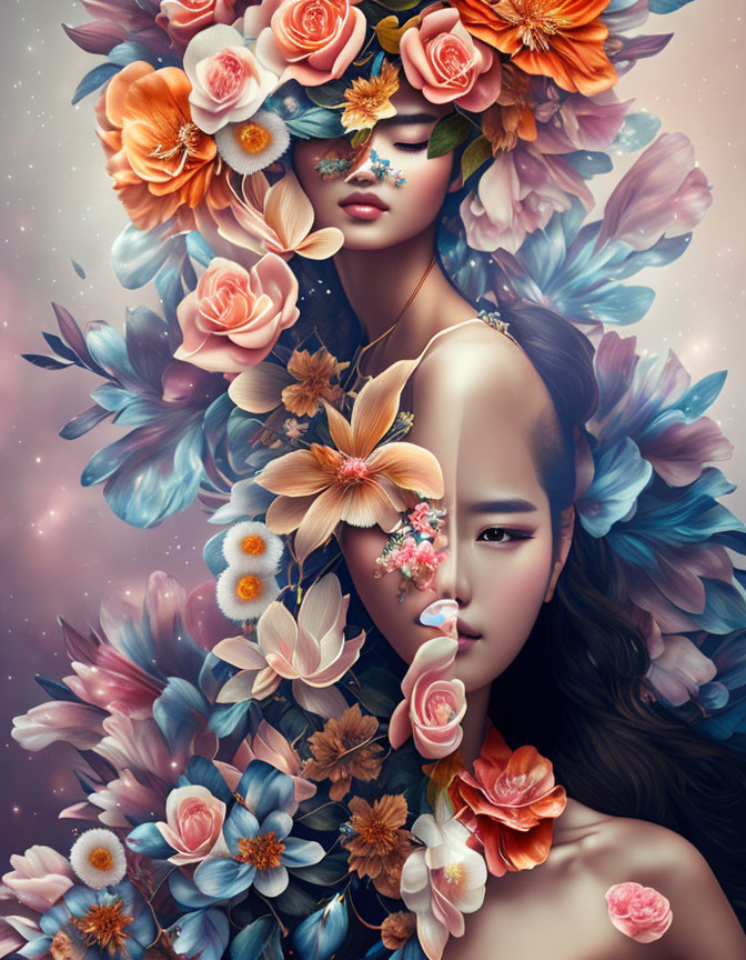 Vibrant surreal illustration: women's faces with colorful flowers on celestial backdrop