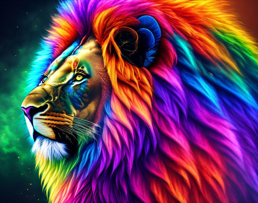 Colorful lion digital art with rainbow mane on cosmic backdrop