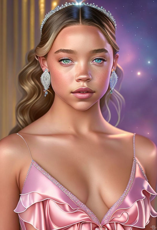 Digital portrait: Woman with blue eyes, wavy hair, pink dress, diamond earrings, cosmic backdrop