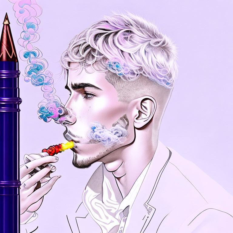 Man with White Hair Exhaling Colorful Smoke Holding Pen on Purple Background