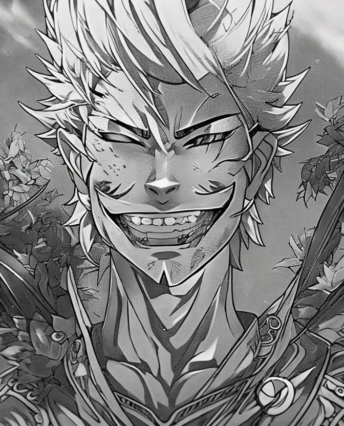 Grinning character with spiky hair in monochrome illustration