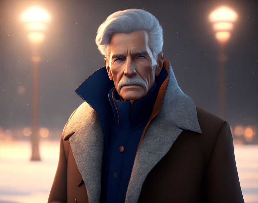 Elderly animated character in coat under streetlights on snowy evening