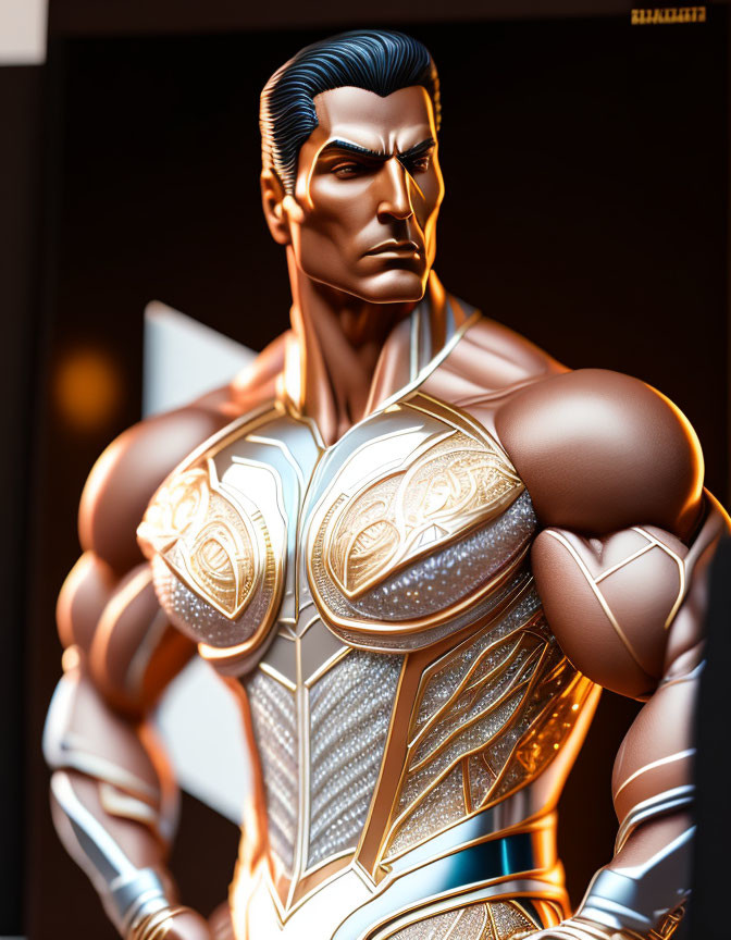 Detailed 3D illustration of muscular superhero in ornate white and gold costume