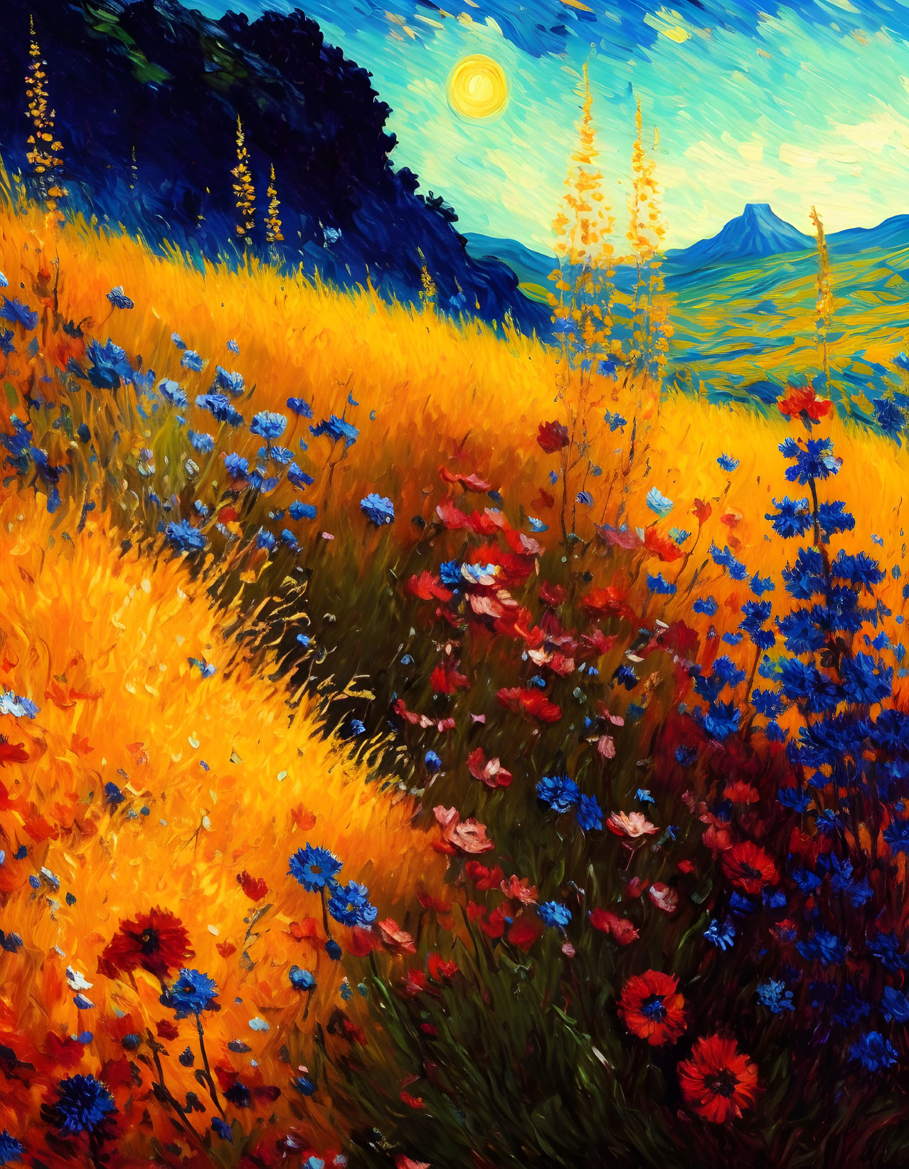 Impressionist-style painting of sunny field with wildflowers