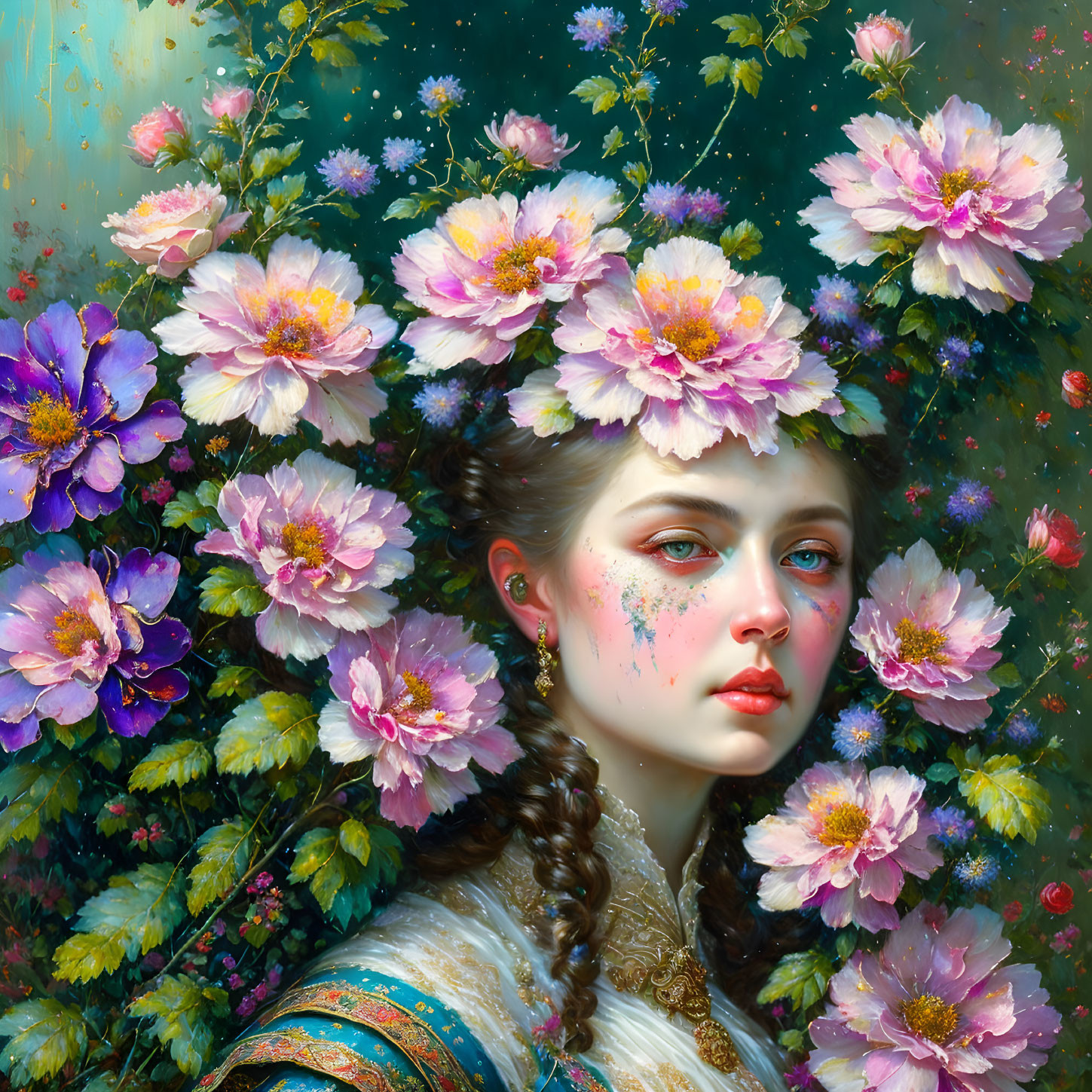 Vibrant digital artwork of woman with braided hair among flowers