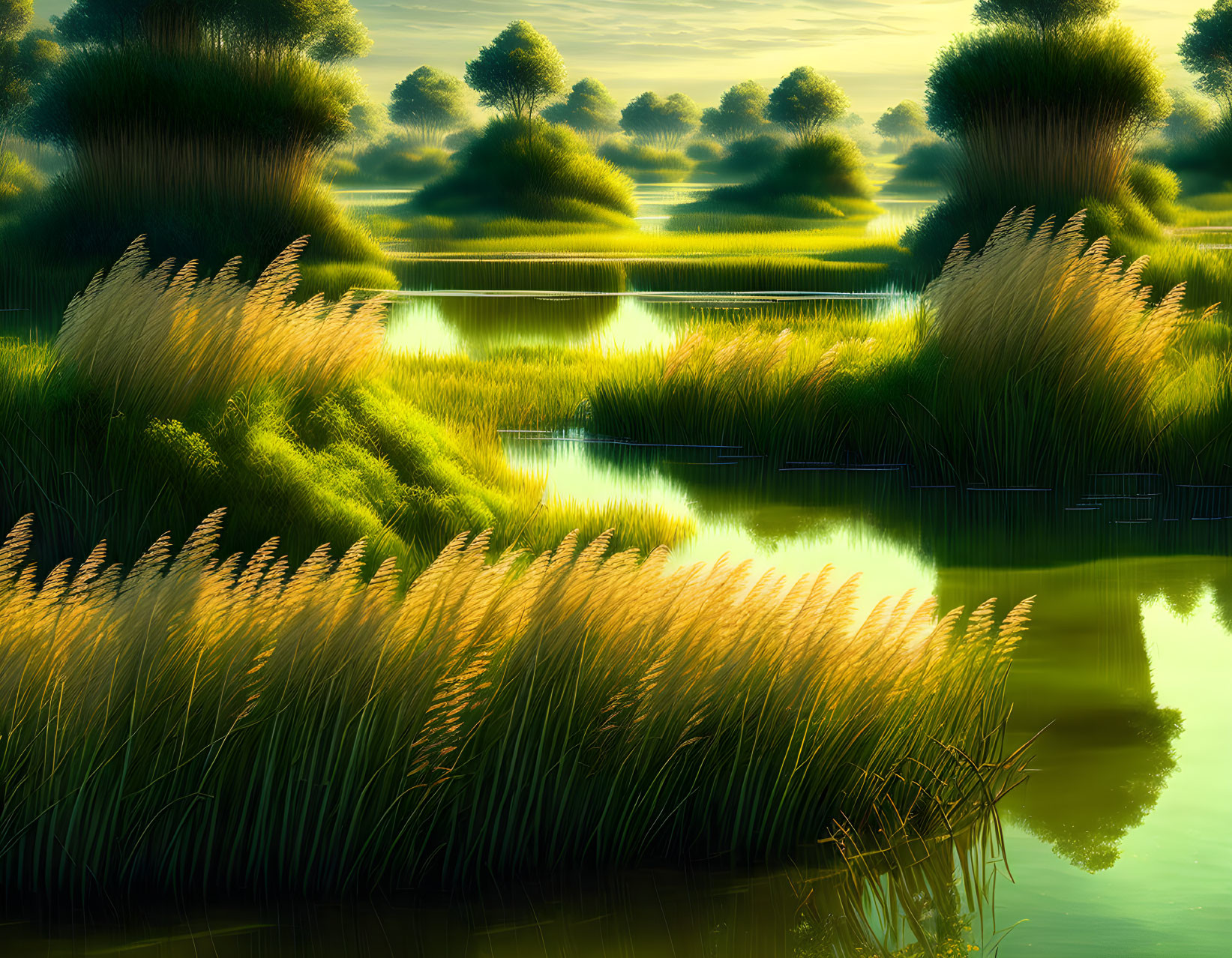 Tranquil wetland scene with tall reeds and silhouetted trees in golden sunlight