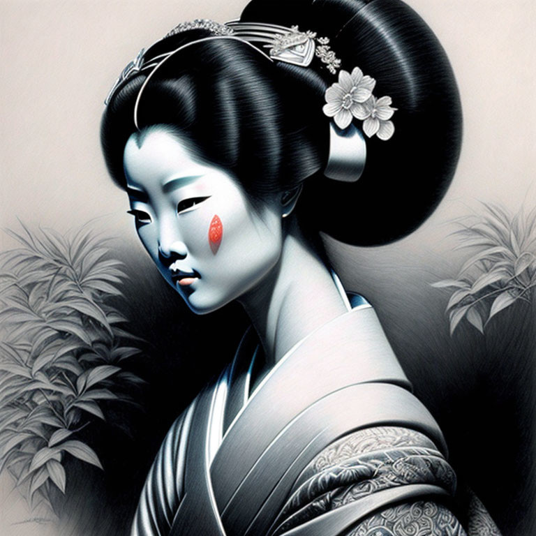 Monochrome Geisha Illustration with Stylized Hairdo and Kimono